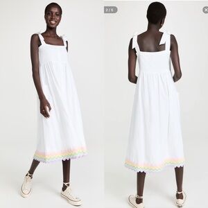 Juliet Dunn Dress Ric-Rac Tie Shoulder Midi Summer White Pastel Rainbow 2 EUC